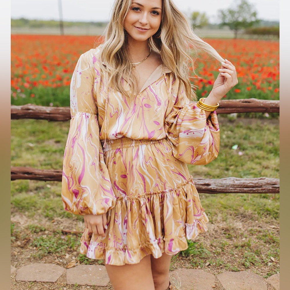 Buddy Love Gold Mini Long Sleeve peasant dress Medium